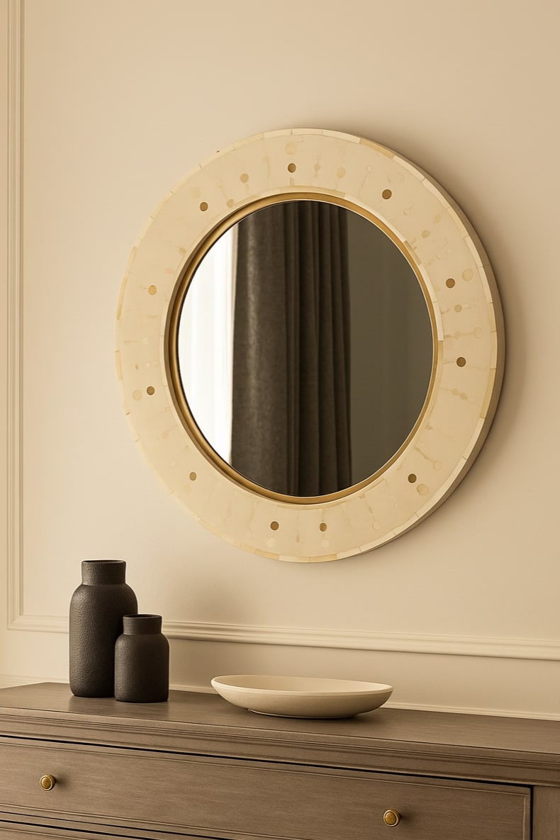 Round mirror with decorative frame on a wall above a wooden dresser.