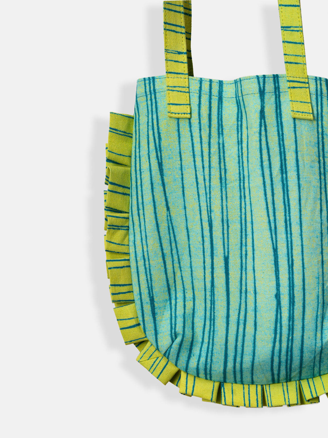 Green and blue striped handbag with ruffled edges