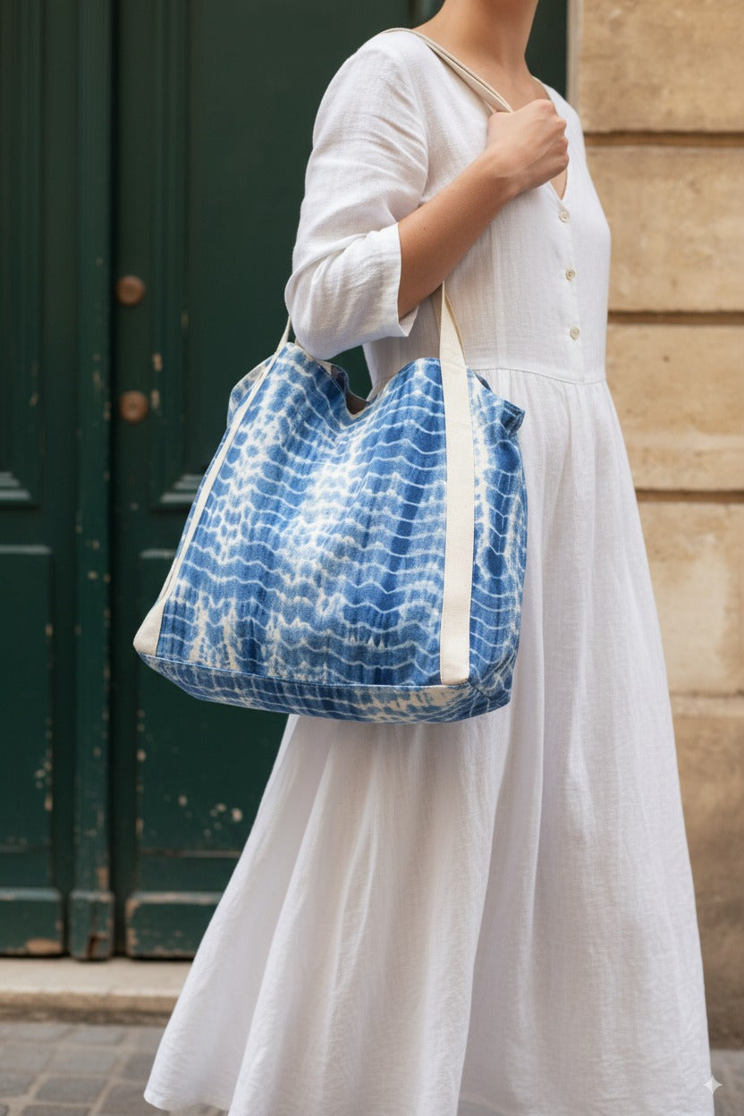 Person wearing a white dress holding a blue and white patterned tote bag.