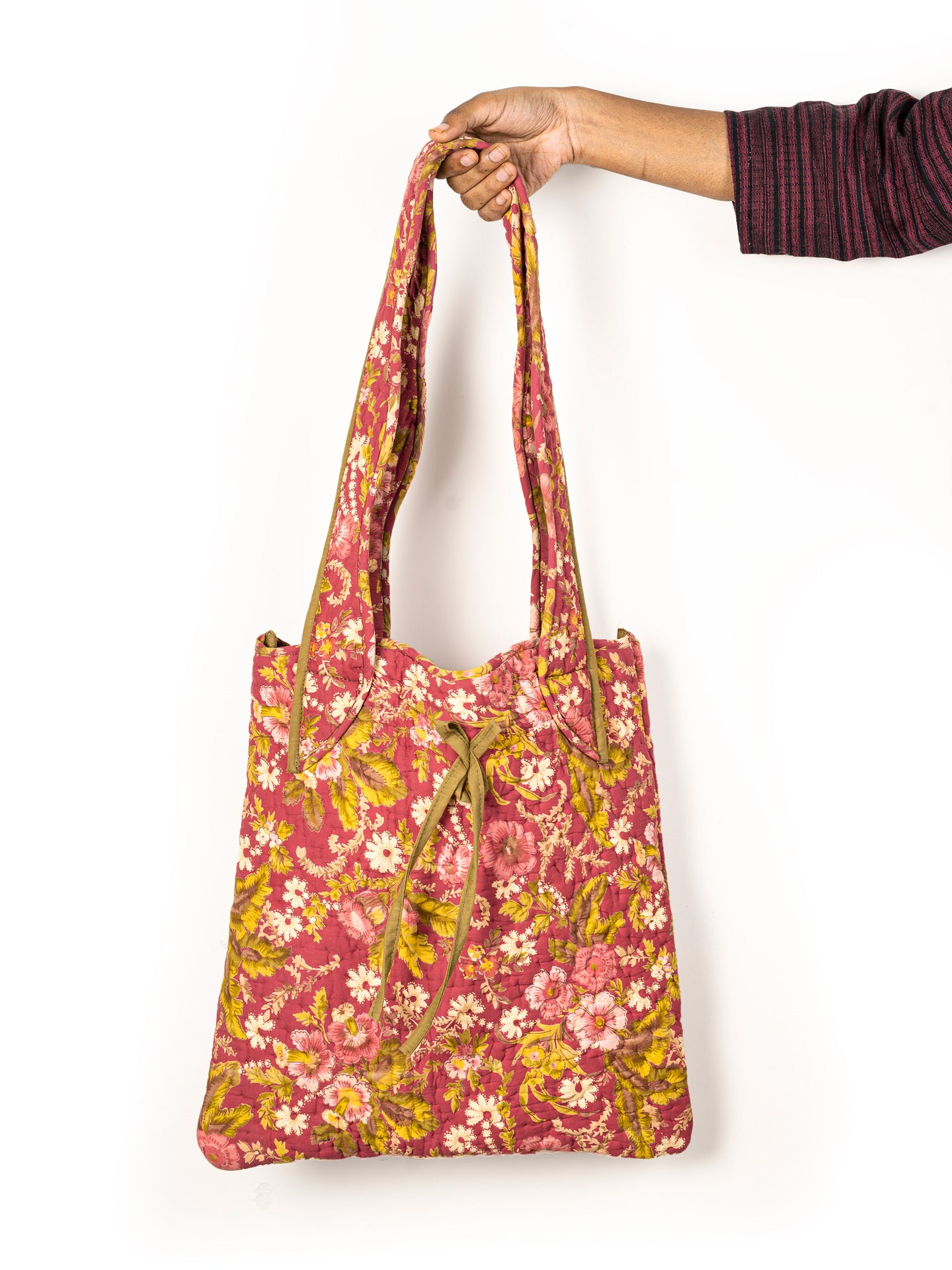 Floral-patterned hand quilted tote bag