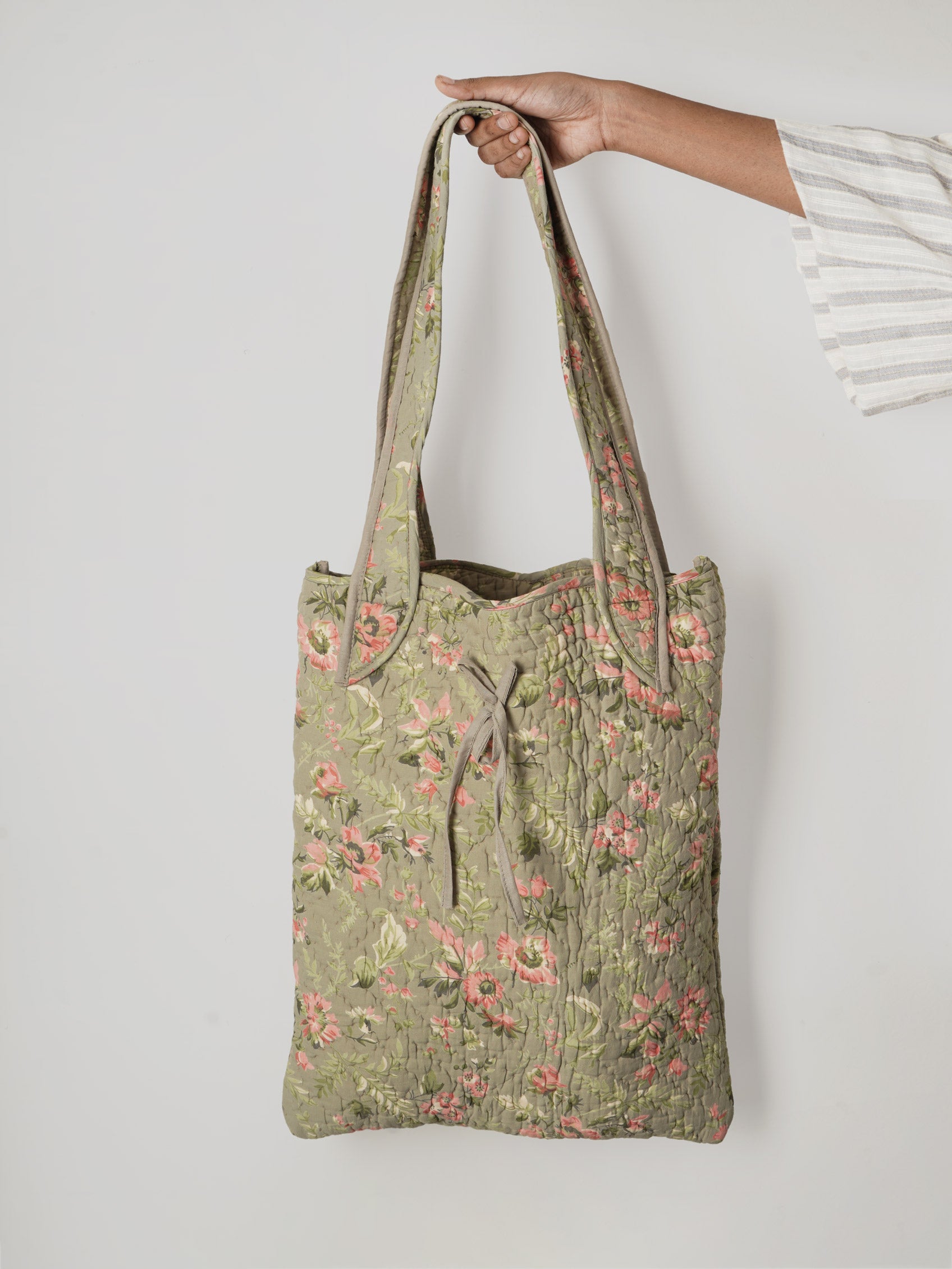 Green floral hand quilted tote bag