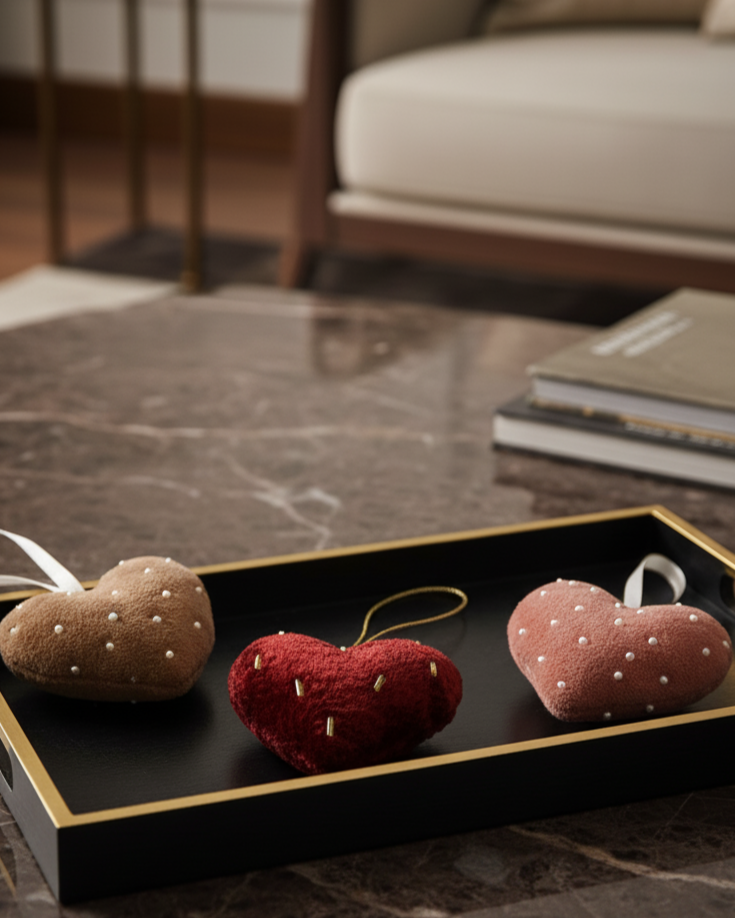 Decorative heart-shaped objects on a black tray in a living room setting.