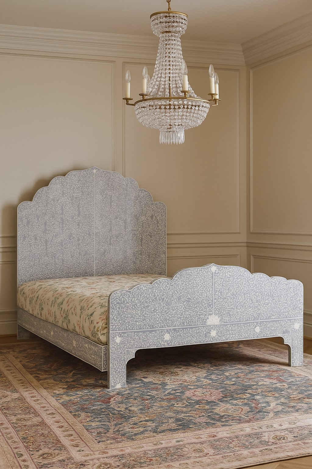 Decorative bone inlay bed with intricate design in a room with a chandelier.