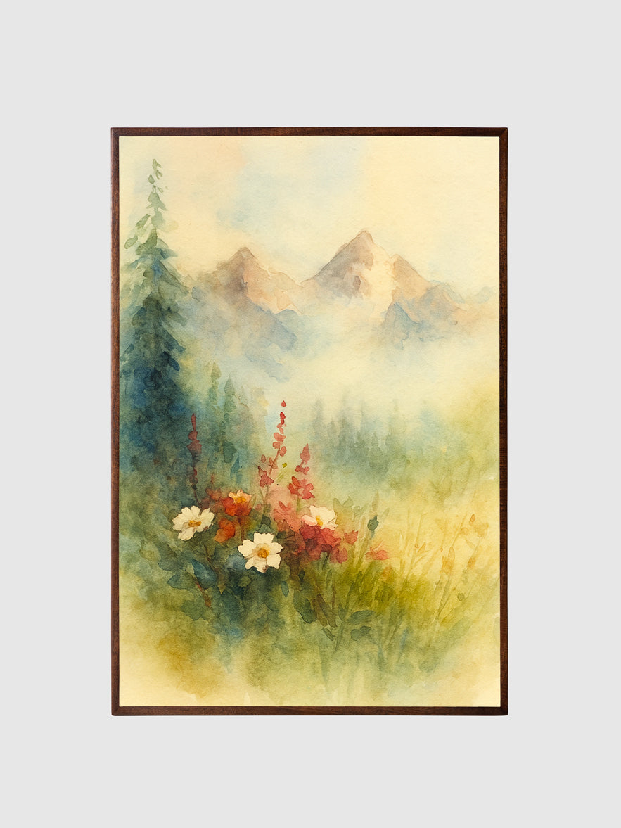 Framed artwork of a mountain landscape with trees and flowers on a light gray background